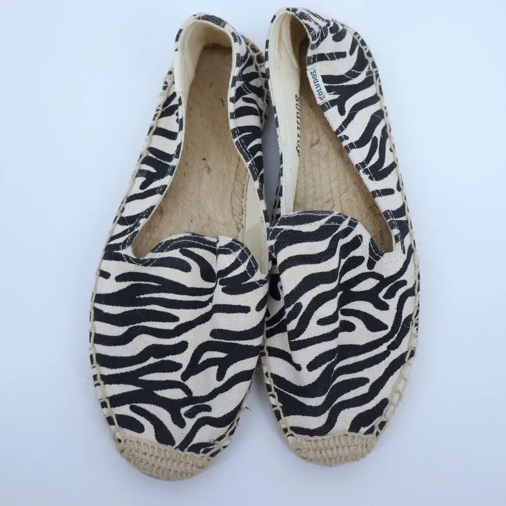 SOLUDOS Zebra Print Espadrille Flats Cream Black Canvas Slip On Women's 7